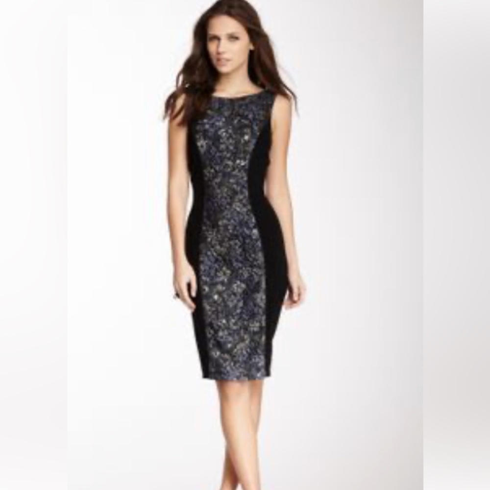 Katherine Barclay little black lace sheath dress